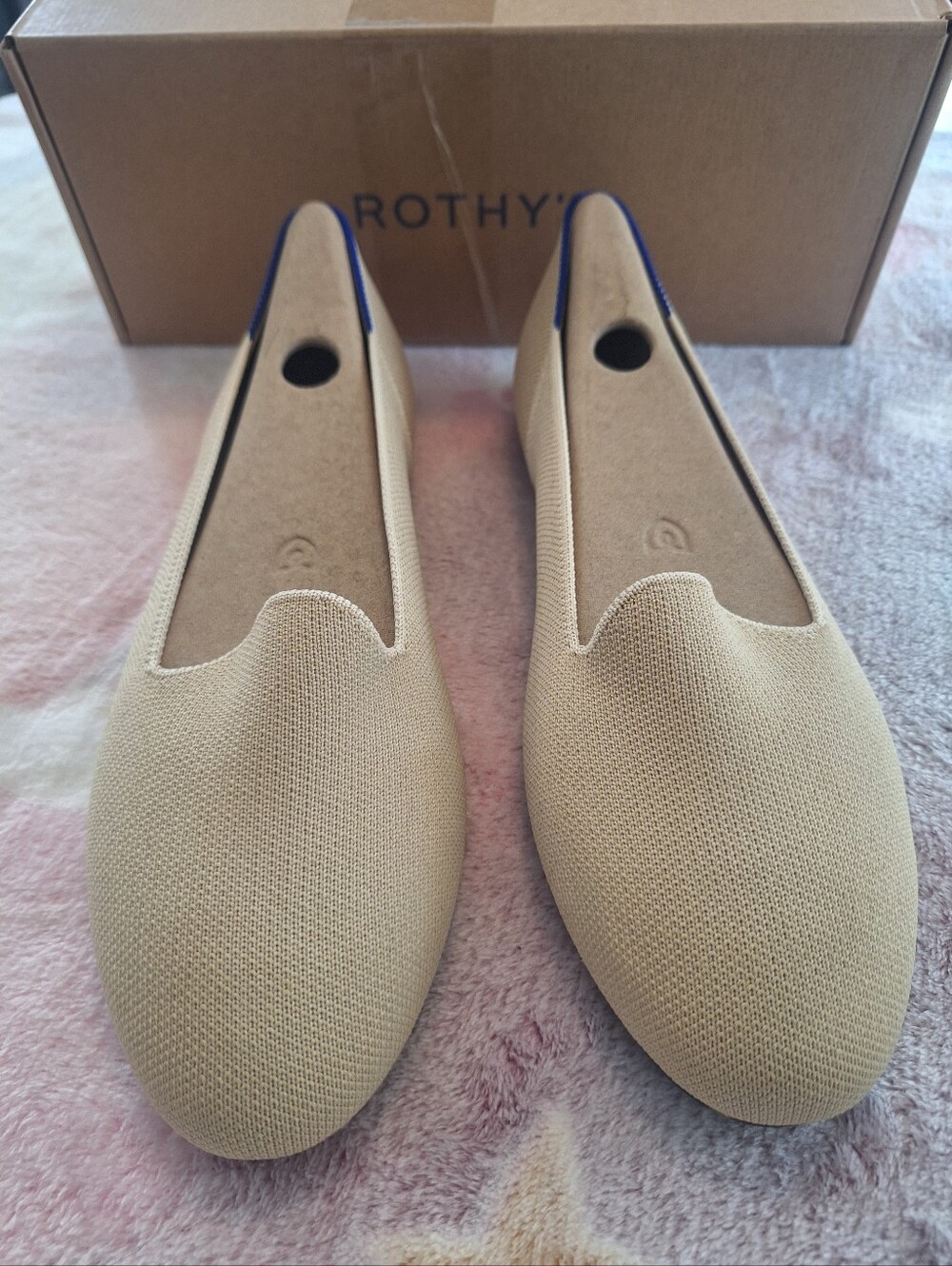 Rothy's Women's Slip-On Knit Flats in Beige with Navy Trim Sandstone